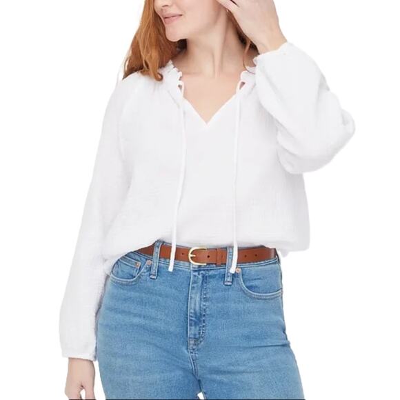 J.Crew Long Sleeve Gauze Tie-neck Top 3X White Ruffle Neck Pullover Elastic Cuff - Picture 1 of 9